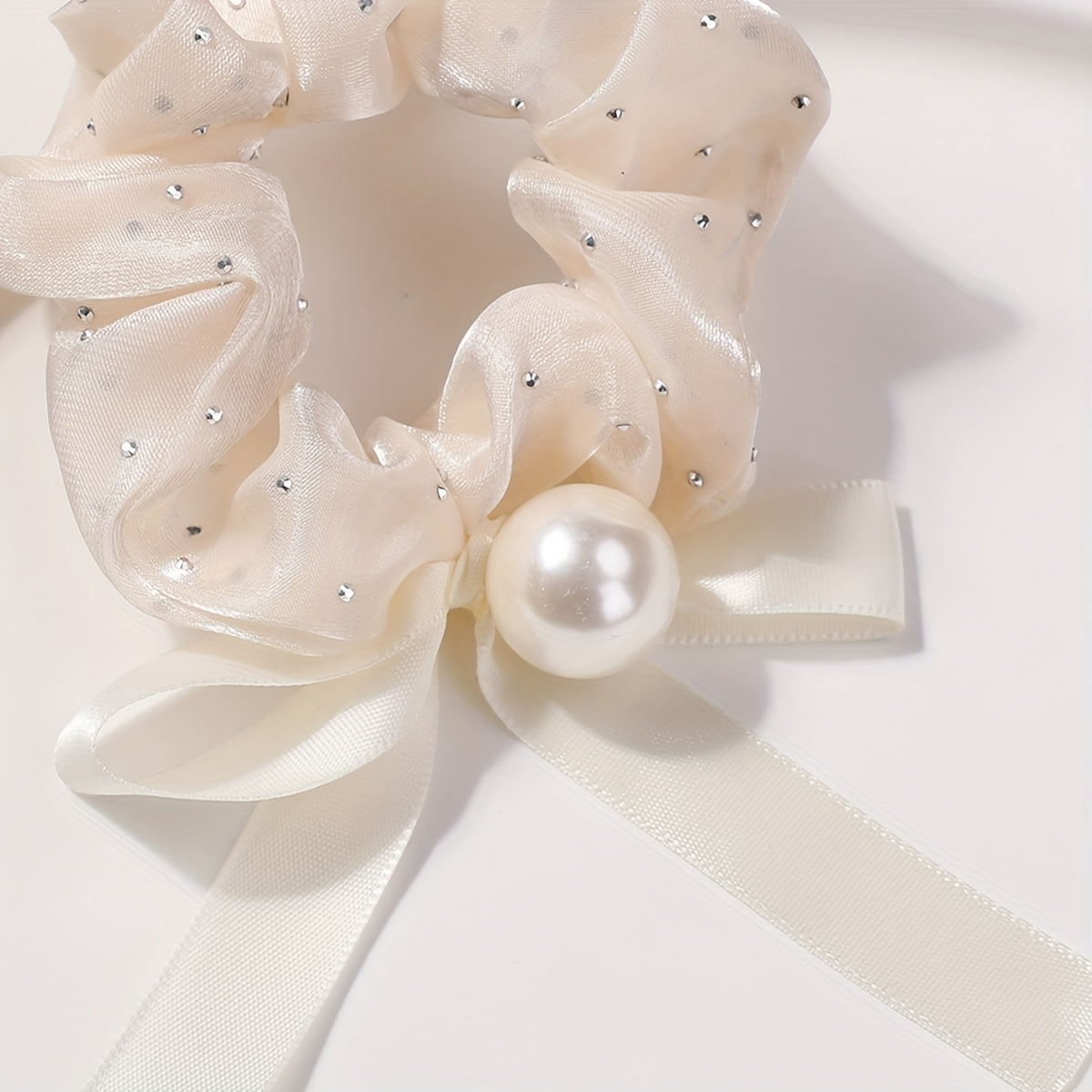 Mesh Scrunchie Faux Pearl Bow Ribbon Hair Rope Elastic Hair Tie
