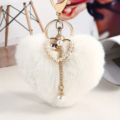 Peach Heart Fur Ball Keychain Pearl Keychain Car Accessories Plush Ornament