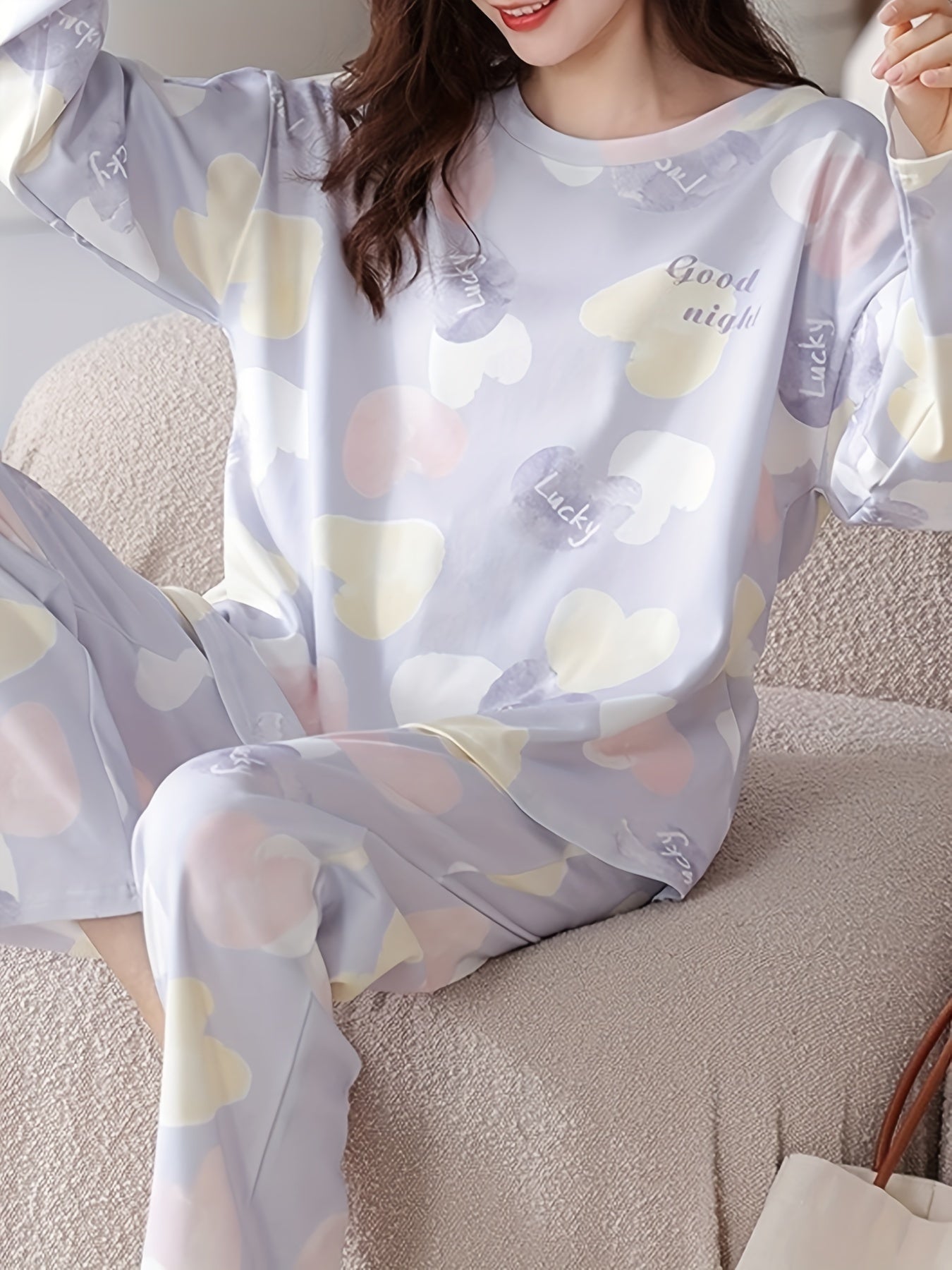 Heart Print Pajama Set Long Sleeve Crew Neck Top & Elastic Waistband Pants