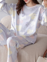 Heart Print Pajama Set Long Sleeve Crew Neck Top & Elastic Waistband Pants