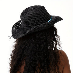 Turquoise Chain Decor Sun Hat Crochet Western Cowboy Cowgirl Hat
