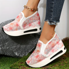 Women's Spider Web Pattern Wedge Sneakers Mesh Slip On Walking Shoes