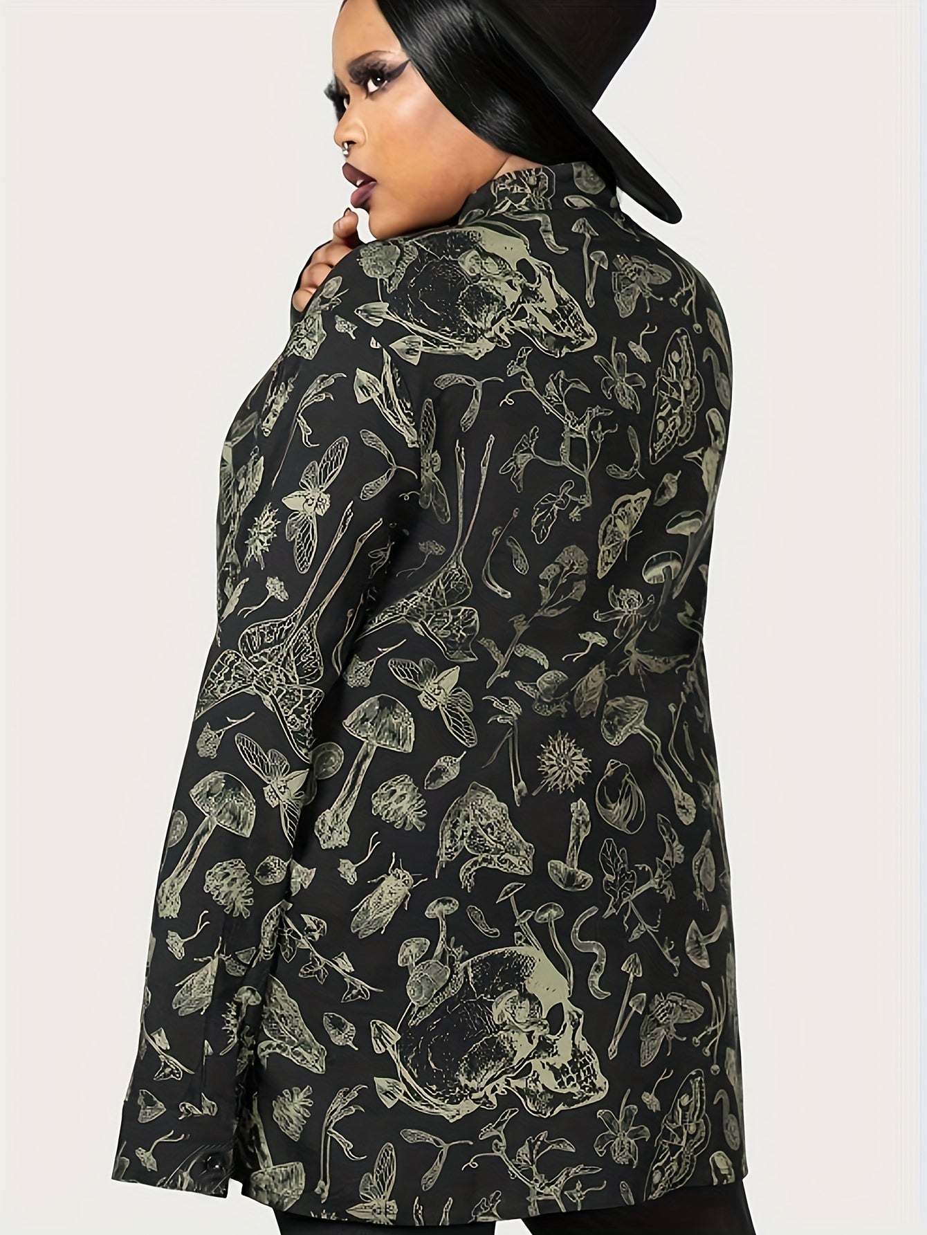 Goth Blouse Mushroom Print Button Up Mock Neck Blouse