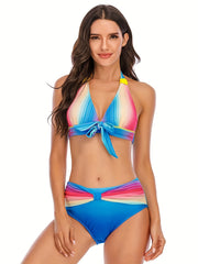 Halter Neck Bikini Set V Neck Tie Front High Cut High Waist Two Pieces Swimsuit