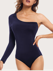 One Shoulder Skinny Bodysuit Solid Long Sleeve Stretchy Bodysuit