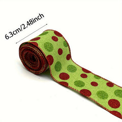 4.57m Christmas Wired Edge Ribbon Green Polka Dots Wrapping Colorful Fabric