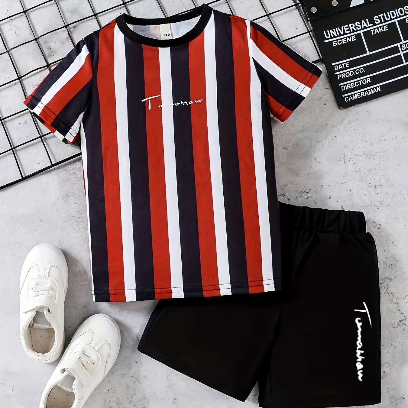 Boys Striped Outfit Short Sleeves Round Neck T shirt & Shorts Casual For Summer