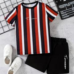 Boys Striped Outfit Short Sleeves Round Neck T shirt & Shorts Casual For Summer