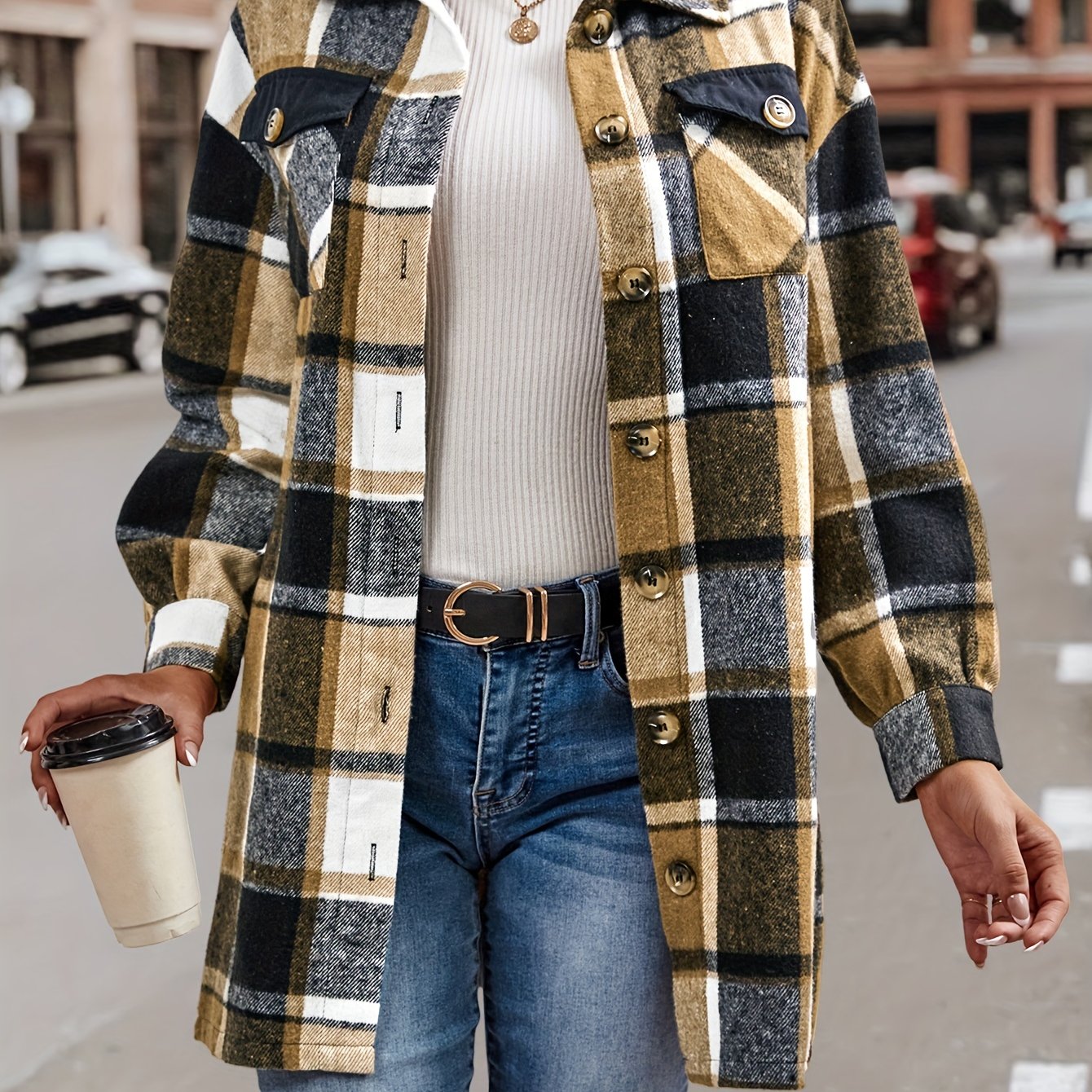 Plaid Flap Pocket Jacket Casual Long Sleeve Jacket Women's Clothing