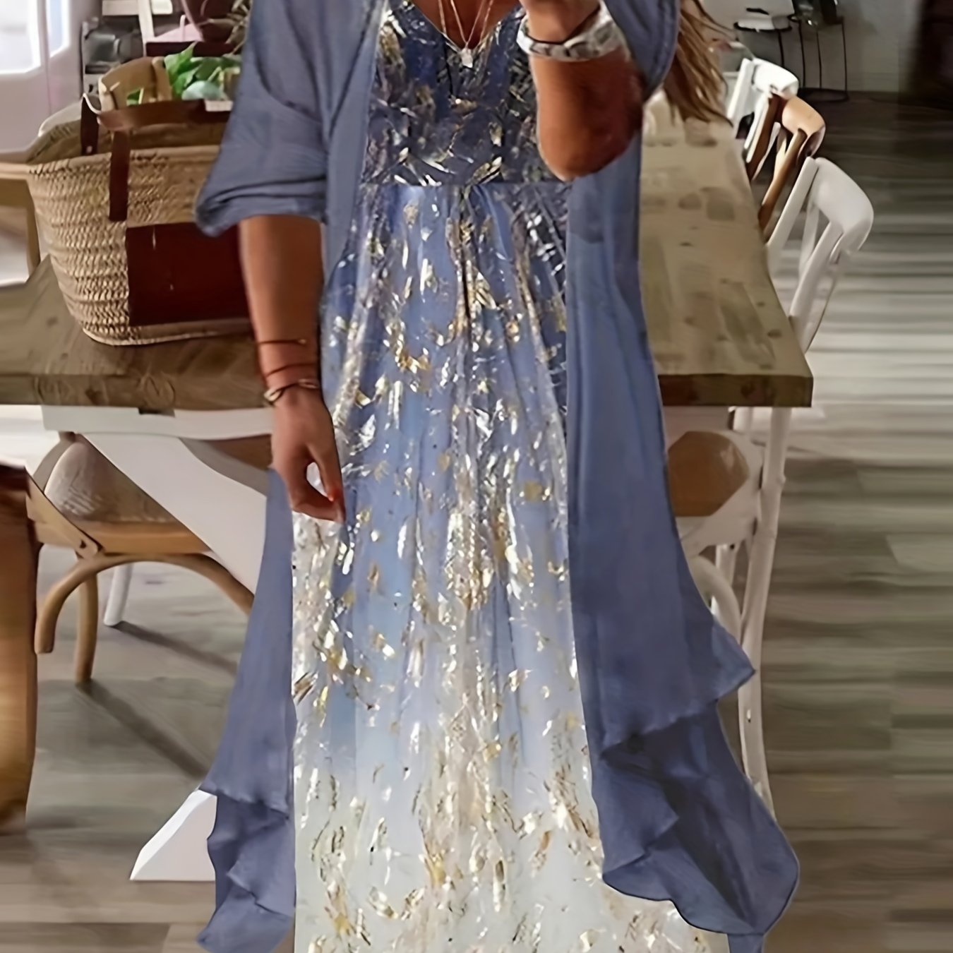 Cover Up & Glitter Floral Print Maxi Dress Set