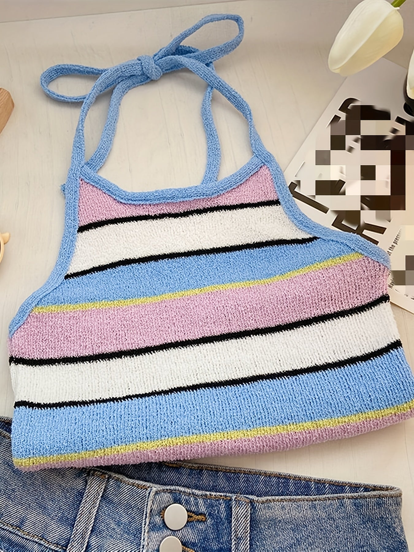Colorblock Stripe Print Halter Top Sleeveless Tie Back Summer Casual Top