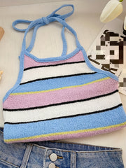 Colorblock Stripe Print Halter Top Sleeveless Tie Back Summer Casual Top