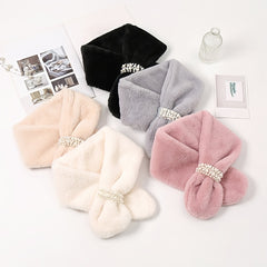 Winter Rabbit Fur Neck Scarf Faux Pearl Buckle Scarf