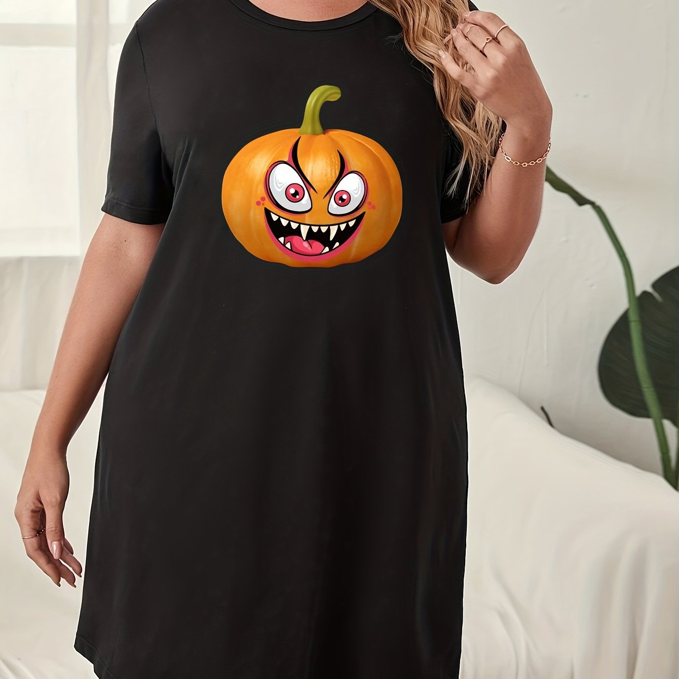 Pumpkin Print Short Sleeve Sleep Dress