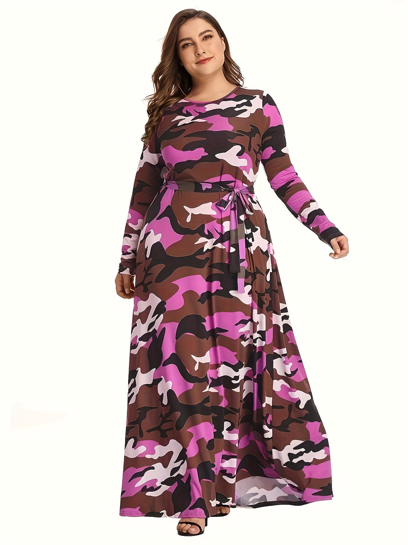 Camo Print Long Sleeve Maxi Dress With Belt
