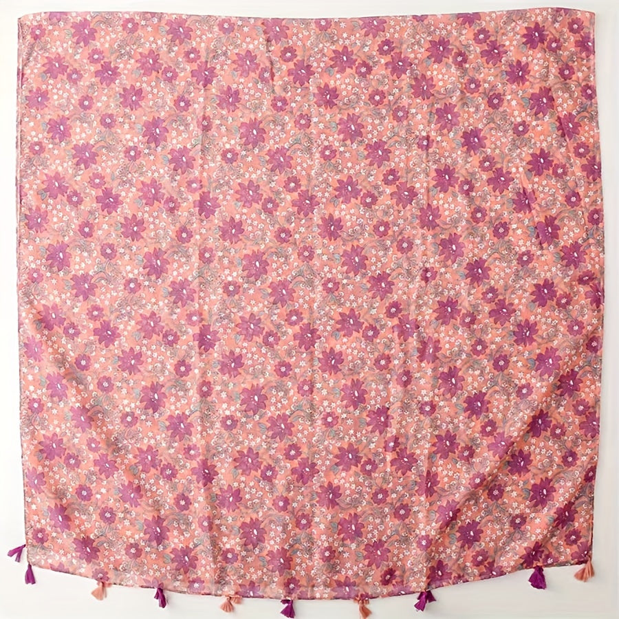 Pink Flower Print Tassel Scarf Boho Shawl Casual Hijab Head Wrap Women