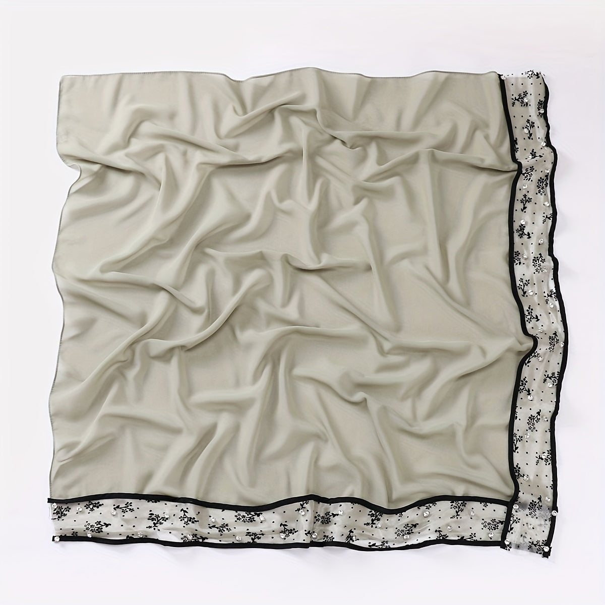 Chiffon Square Scarf Faux Pearl Decor Lace Hijab Solid Head Wrap