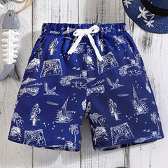Boys Bird Sailboat Trees Print Short Sleeves Shirt For Vacation Beach