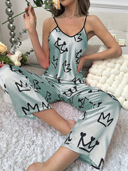 Crown Print Pajama Set V Neck Cami Top & Elastic Waistband Pants