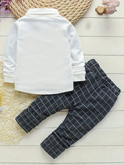 Boys Gentleman Shirt Suit Button Lapel Long Sleeve Shirt Tie Plaid Pants Set