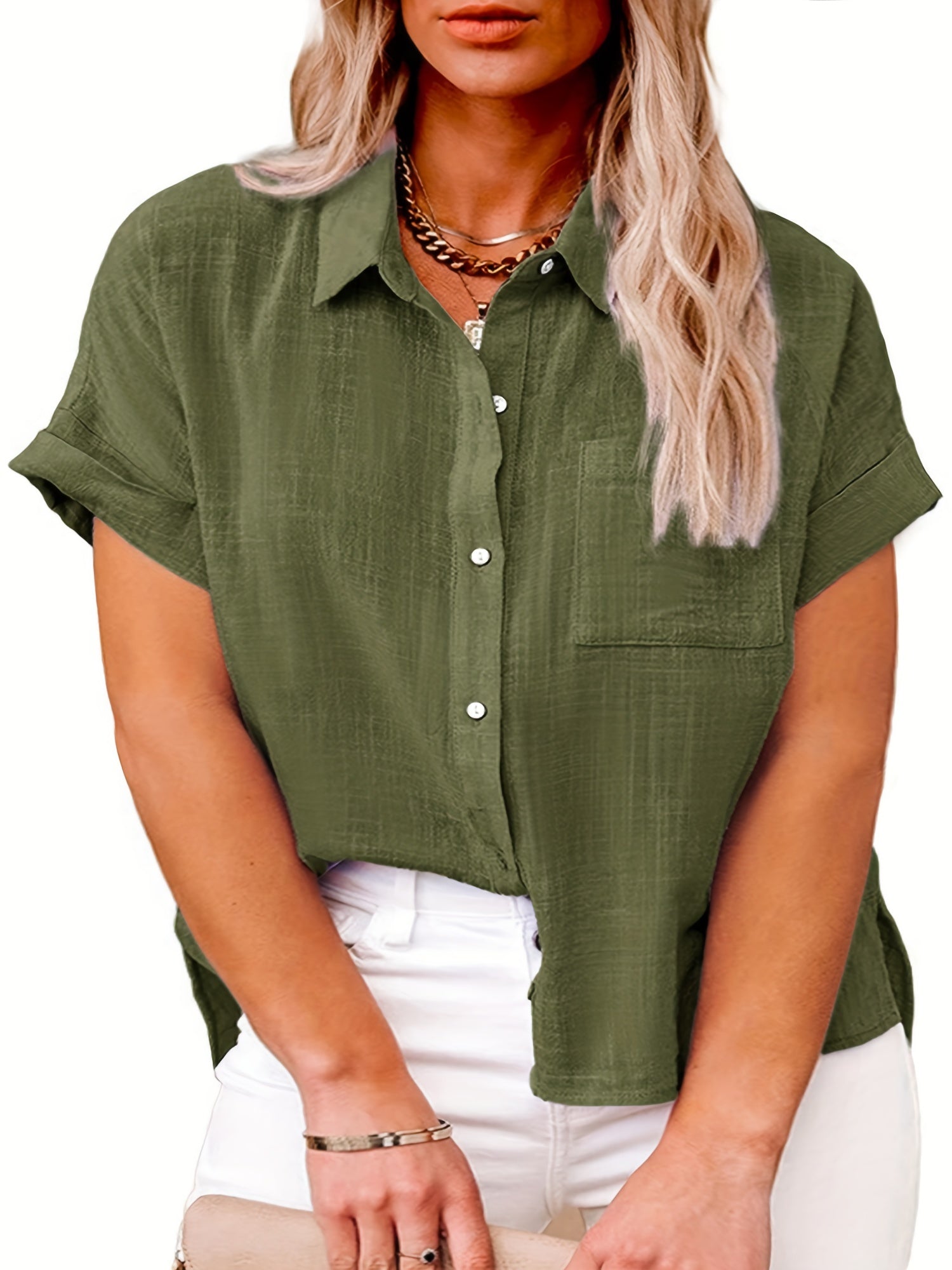 Solid Button Up Short Sleeve Blouse