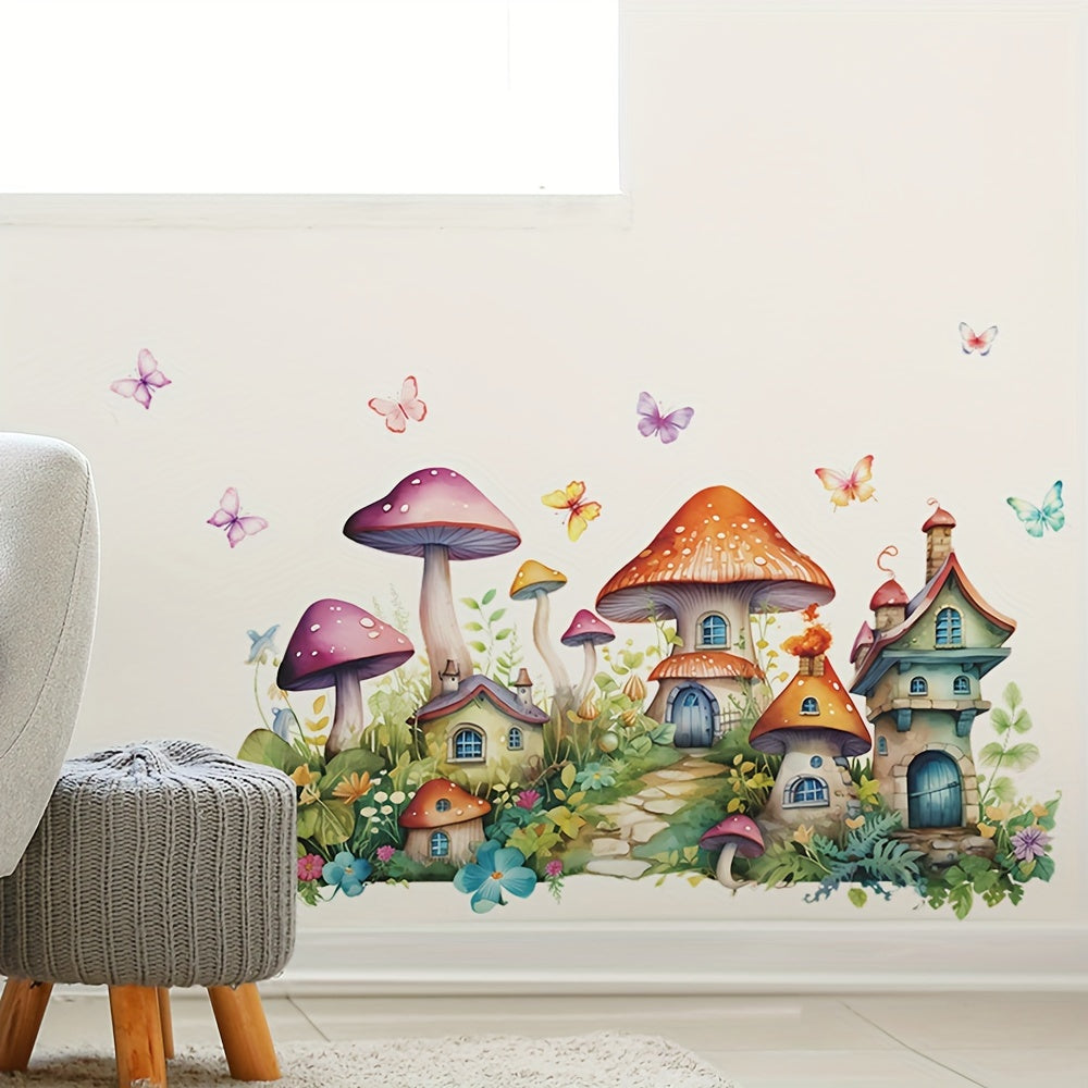 2pcs Mushroom Wall Decal Green Leaves Butterflies Flowers Mushroom House