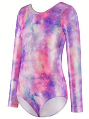 Girls 3D Starry Sky Graphic Crew Neck Long Sleeve Ballet Leotard