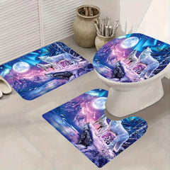 Moon Wolf Shower Curtain Set with 12 Hooks and Toilet Covers