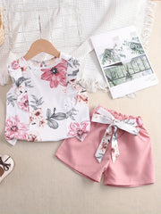 Toddler Girls Sleeveless Flowers Top & Shorts Set Kids Summer Clothes
