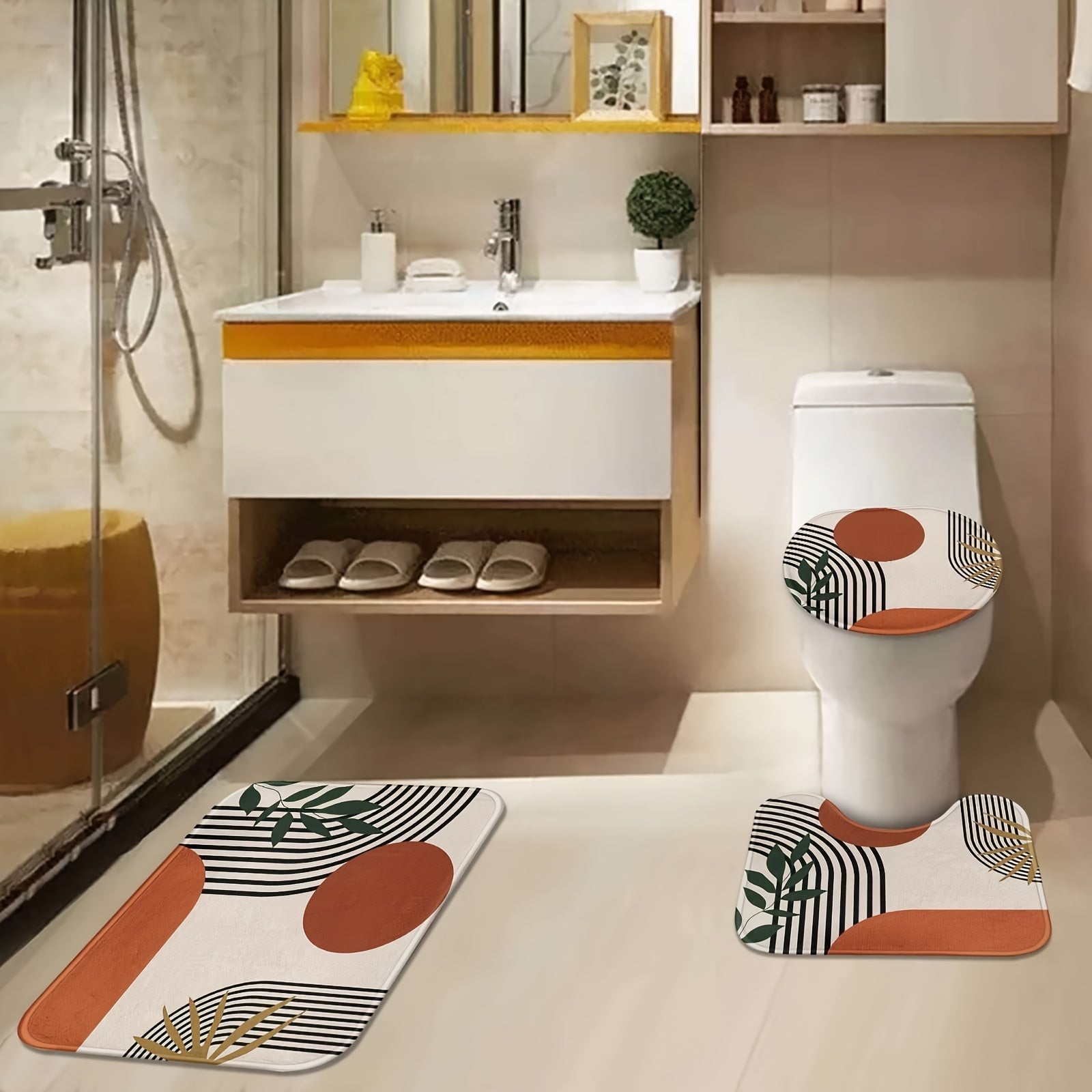 4pcs Mid Century Shower Curtain Set Abstract Geometric Modern Minimalist
