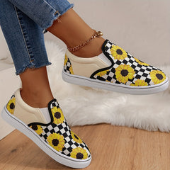 Sunflower & Plaid Pattern Walking Shoes Low Top Travel Sport Flat Shoes Women's