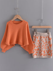 Girls Thermal Knit Sweater & Leopard Print Skirt Set Winter Party Orange