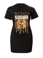 Plus Glitter Lip & Slogan Print Round Neck Dress