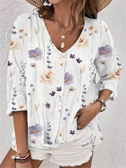 Floral Print Button Up V Neck Top Plus Size