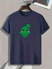 Cartoon Cactus Print Men's Comfy T-shirt for Outdoor Summer