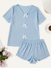 Bow Ribbed Lounge Set Top & Shorts Women's Loungewear