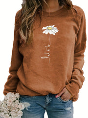 Daisy Print Crew Neck Sweatshirt for Fall & Winter