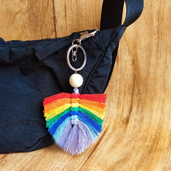 Hand Woven Keychain Wooden Bead Rainbow Tassel Pendant Holiday Gift