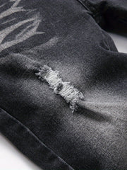 Boys Poker Card Embroidered Ripped Denim Slim Fit Jeans