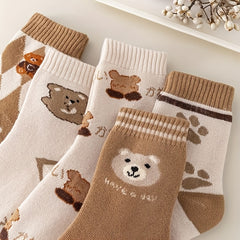 5 Pairs Cartoon Bear Print Socks, Women's Mid Tube Stockings
