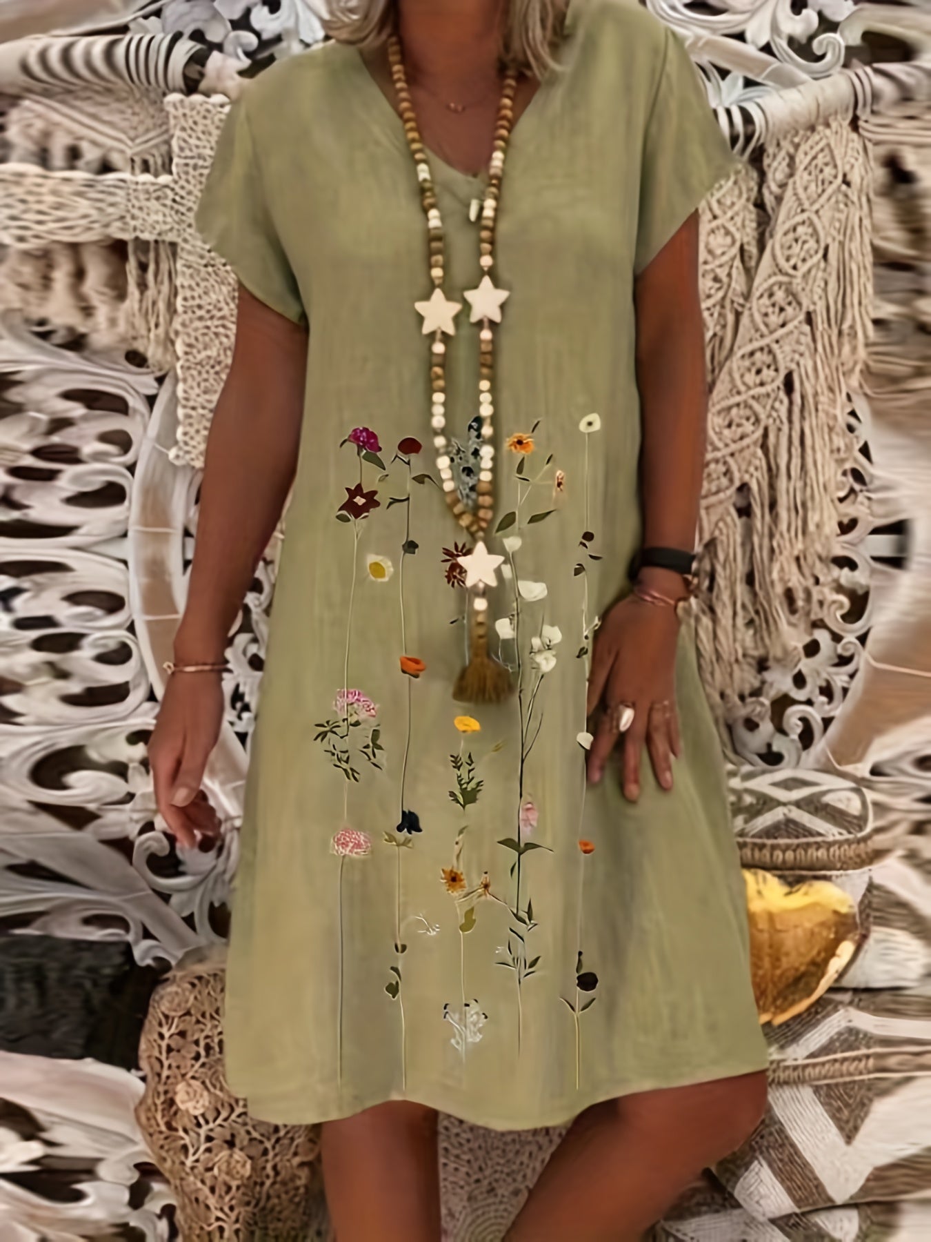 Floral Print V Neck Dress Short Sleeve for Spring & Summer