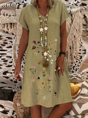 Floral Print V Neck Dress Short Sleeve for Spring & Summer
