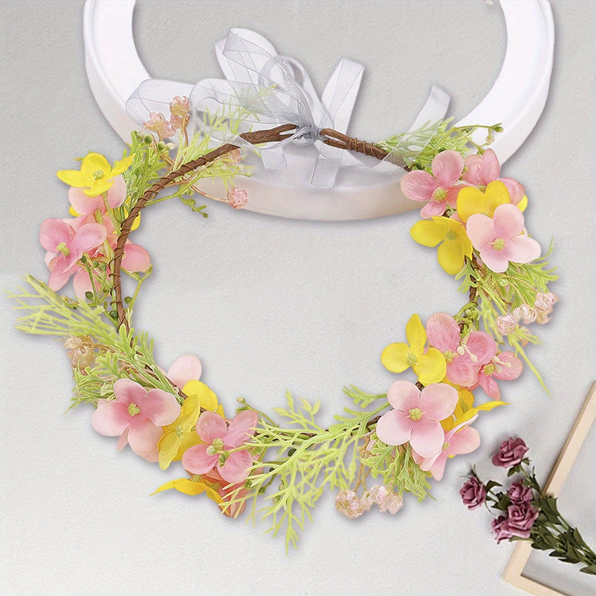 Floral Bridal Flower Crown Headband with Leaf Wreath & Pink Yellow Flowers