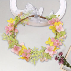 Pastel Pink Yellow Flower Crown Headband Green Foliage Bridal Hairpiece