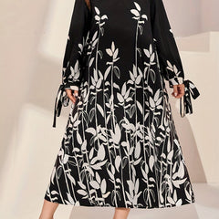 Colorblock Floral Print Round Neck Pleated Dress