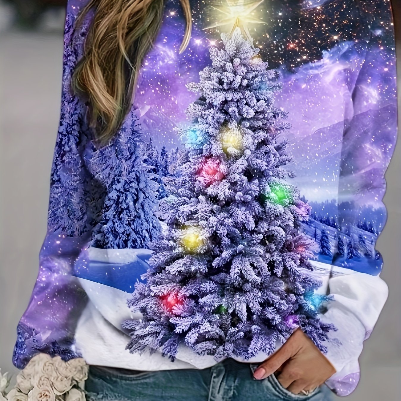 Christmas Tree Print Sweatshirt Crew Neck Long Sleeve Casual Pullover