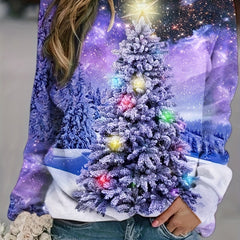Christmas Tree Print Sweatshirt Crew Neck Long Sleeve Casual Pullover