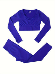 2pcs Solid Yoga Sports Sets Long Sleeve Crop Top & Leggings Women's Activewear