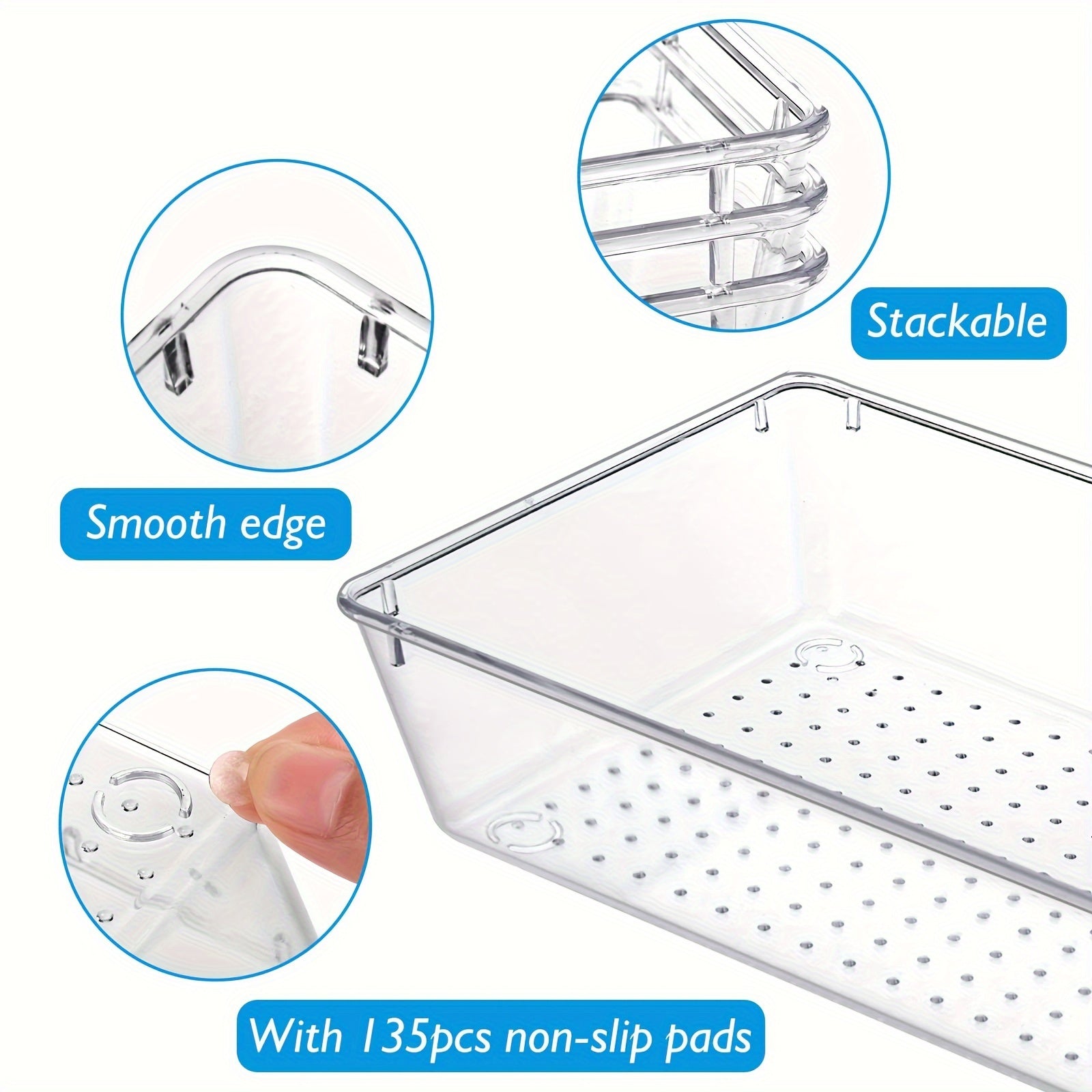 3pc Transparent Drawer Storage Box Plastic Tray with 15 Silicone Pads