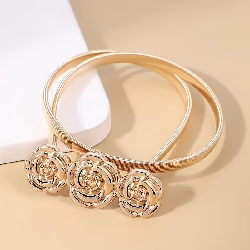 Alloy Rose Carved Waist Belt for Women Elastic Accessory
